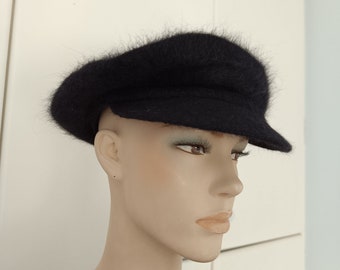 Black Mohair Sisley Cap, Ladies Breton Cap, Vintage Hat