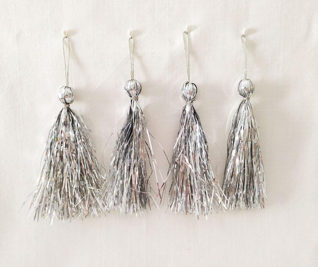 Four Vintage Silver Tinsel Tassel Ornaments Mid Century Etsy
