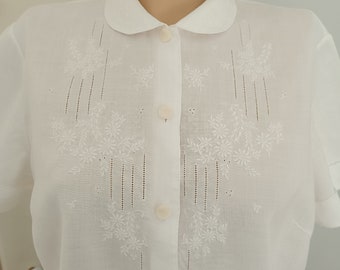 Camicia da donna in lino bianco ricamato vintage, camicetta romantica a maniche corte