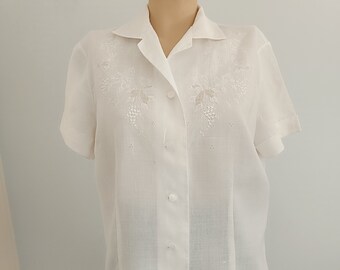 Chemise en lin blanche pour femme, chemisier brodé à manches courtes, vintage des années 1960