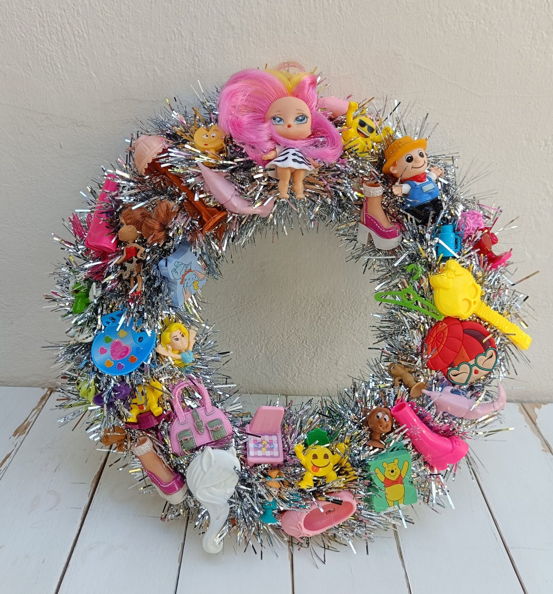 Handmade Kitschy Wreath, Silver Tinsel Wreath With Upcycled Decorations
