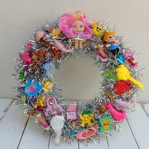 Handmade Kitschy Wreath, Silver Tinsel Wreath with Upcycled Decorations, Colorful Front Door Wreath