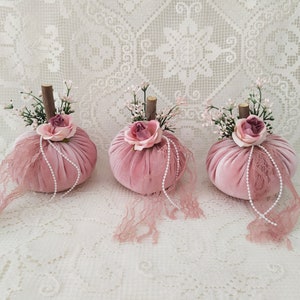 Set of 3 Pink Velvet Pumpkins, Handmade, Autumn Decorations, Shabby Chic, Pumpkins, Mantel, Coffee Table, Dining Table Decor, Thanksgiving