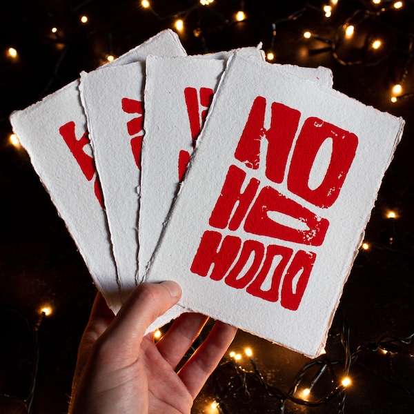 Einzigartige handbedruckte Weihnachtskarten A6 - Einzelkarten oder 4er-Pack aller Designs - Linoldruck auf recyceltem Baumwollpapier 320gr/m2