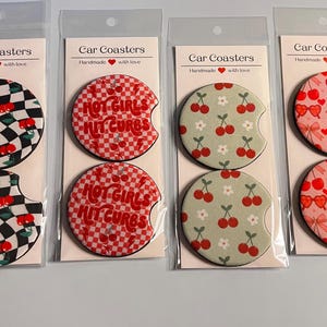 Trendy checkered car coasters, cherry car accessories, car coasters, trendy car coasters, cherry car coasters, cherry accessories, cute