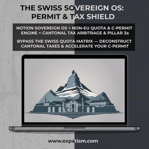 Könnte beinhalten: Ein Laptop-Bildschirm zeigt eine Grafik eines Berggipfels über einem Gebäudekomplex. Der Text lautet: THE SWISS SOVEREIGN OS: PERMIT & TAX SHIELD, NOTION SOVEREIGN OS + NON-EU QUOTA & C-PERMIT ENGINE + CANTONAL TAX ARBITRAGE & PILLAR 3a, BYPASS THE SWISS QUOTA MATRIX — DECONSTRUCT CANTONAL TAXES & ACCELERATE YOUR C-PERMIT. Die Website www.expatism.com steht unten.