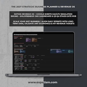 May include: A laptop screen displaying the 2027 Strategic Business Planner & Revenue OS. The interface features a Notion Revenue OS, Google Sheets CAC/LTV simulation engine, and a solopreneur OKR dashboard with Q1-Q4 stage-gate hubs for business scaling.