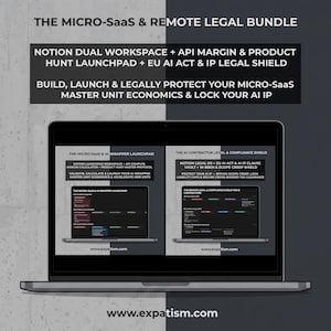 Może przedstawiać: Laptop wyświetlający pakiet produktów cyfrowych zatytułowany The Micro-SaaS & Remote Legal Bundle. Ekran pokazuje dwa obszary robocze Notion, The Micro-SaaS & AI Wrapper Launchpad oraz The AI Contractor Legal & Compliance Shield wraz z opisami.