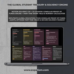 May include: A laptop screen displaying The Global Student Treasury & Solvency Engine, a digital dashboard with data cards for international student financial planning, including country-specific profiles, tuition costs, and solvency audits.