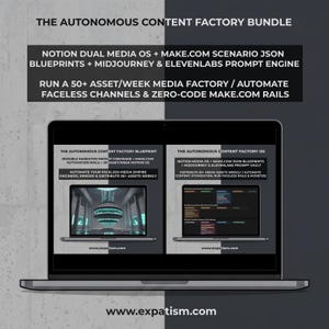 May include: A digital product bundle titled The Autonomous Content Factory Bundle featuring Notion Dual Media OS, Make.com JSON blueprints, and a Midjourney and ElevenLabs prompt engine for automating faceless media channels and content production.