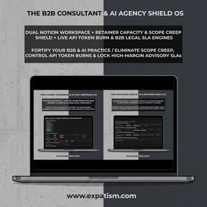 Puede incluir: Una presentación de producto digital de The B2B Consultant & AI Agency Shield OS. El gráfico muestra dos pantallas de portátil lado a lado, cada una con interfaces de Notion con texto detallando la gobernanza de IA, arbitraje y gestión de contratos.