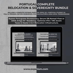 Op de afbeelding: Een digitale productweergave met de Portugal Complete Relocation & Sovereignty Bundle. Het scherm toont twee laptopinterfaces, The Portugal Student Sovereign & AIMA Artigo 91. OS en The Portugal Expat OS, met de website-URL expatism.com.