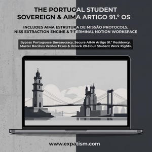 Op de afbeelding: Een laptop met een afbeelding van een brug en toren met de tekst THE PORTUGAL STUDENT SOVEREIGN & AIMA ARTIGO 91. OS, INCLUDES AIMA ESTRUTURA DE MISSÃO PROTOCOLS, NISS EXTRACTION ENGINE & 7-TERMINAL NOTION WORKSPACE, en www.expatism.com.