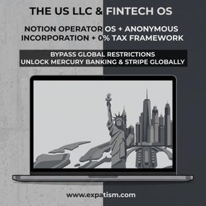 Könnte beinhalten: Ein Laptop mit einer Grafik der Freiheitsstatue und einer Skyline. Der Text lautet: THE US LLC & FINTECH OS, NOTION OPERATOR OS + ANONYMOUS INCORPORATION + 0% TAX FRAMEWORK, BYPASS GLOBAL RESTRICTIONS, UNLOCK MERCURY BANKING & STRIPE GLOBALLY, www.expatism.com.