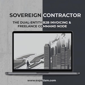 Könnte beinhalten: Ein Laptop zeigt eine Grafik mit dem Text SOVEREIGN CONTRACTOR THE DUAL-ENTITY B2B INVOICING & FREELANCE COMMAND NODE. Der Bildschirm zeigt ein geteiltes Bild einer Person in einer Landschaft und einer Skyline mit einem Kettenglied-Symbol.