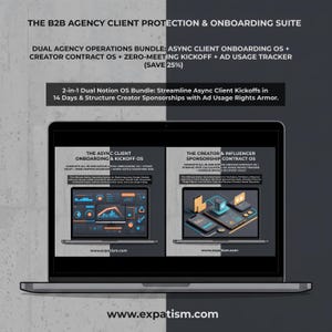 May include: A laptop screen displaying The B2B Agency Client Protection & Onboarding Suite, a dual Notion OS bundle. The interface shows The Async Client Onboarding & Kickoff OS and The Creator & Influencer Sponsorship Contract OS with text.