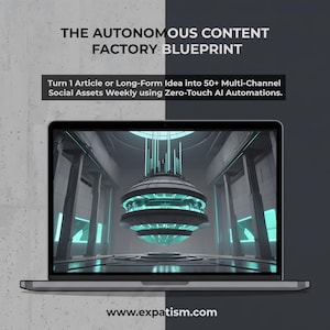May include: A laptop displaying a futuristic, glowing cyan spherical structure inside a dark, columned hall. Text reads: THE AUTONOMOUS CONTENT FACTORY BLUEPRINT. Turn 1 Article or Long-Form Idea into 50+ Multi-Channel Social Assets Weekly using Zero-Touch AI Automations. www.expatism.com