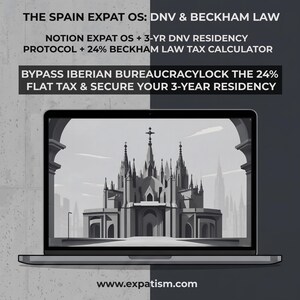 May include: A laptop displaying a grayscale illustration of a cathedral. Text reads: THE SPAIN EXPAT OS: DNV & BECKHAM LAW, NOTION EXPAT OS + 3-YR DNV RESIDENCY PROTOCOL + 24% BECKHAM LAW TAX CALCULATOR, BYPASS IBERIAN BUREAUCRACY, www.expatism.com.