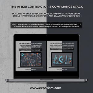 May include: A digital product bundle titled THE AI B2B CONTRACTOR & COMPLIANCE STACK displayed on a laptop screen. It includes the FAIO OS workspace and Remote Legal Shield, featuring text about B2B retainers, AI IP clauses, and compliance.