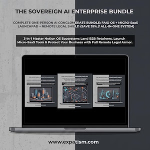 Op de afbeelding: Een laptopscherm met The Sovereign AI Enterprise Bundle, een 3-in-1 Notion OS-ecosysteem. Het scherm toont drie afzonderlijke modules: The Micro-SaaS & AI Wrapper Launchpad, The Fractional AI Officer OS en The Remote Legal & Compliance Shield.
