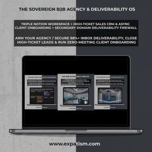 Może przedstawiać: Ekran laptopa wyświetlający The Sovereign B2B Agency & Deliverability OS, zawierający trzy moduły: The High-Ticket B2B Sales & CRM Engine, The B2B Outbound & CRM OS oraz The Secondary Domain & Inbox Delivery Kit, wraz z adresem expatism.com.