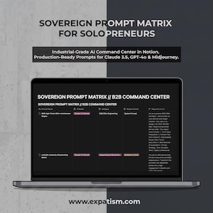May include: A laptop screen displays the Sovereign Prompt Matrix for Solopreneurs, an industrial-grade AI command center in Notion. The interface shows columns for prompt names, AI models, categories, output formats, and copy commands.