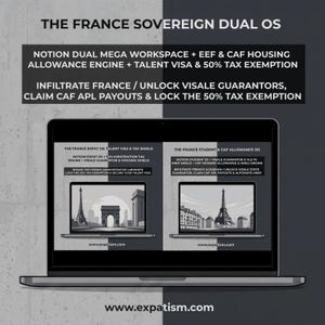 May include: A laptop screen displaying The France Sovereign Dual OS, featuring two Notion workspaces for expats and students. The interface includes text about tax exemptions, housing allowances, and visa support, with illustrations of the Eiffel Tower.