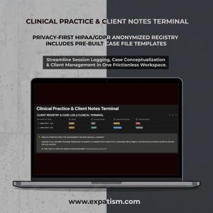 May include: A laptop screen displaying a Clinical Practice & Client Notes Terminal interface. The text reads: Privacy-First HIPAA/GDPR Anonymized Registry, Streamline Session Logging, Case Conceptualization & Client Management in One Frictionless Workspace.