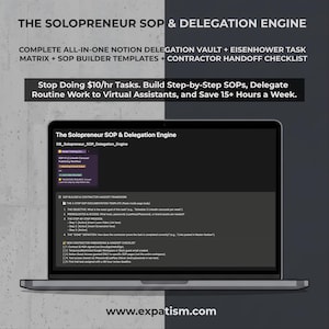 May include: A laptop screen displaying The Solopreneur SOP & Delegation Engine, a Notion template featuring a 4-step SOP documentation framework, a contractor onboarding checklist, and an Eisenhower task matrix for business workflow management.
