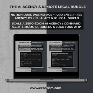 May include: A laptop screen displaying The AI Agency & Remote Legal Bundle, featuring Notion Dual Workspace, FAIO Enterprise Agency OS, and EU AI Act & IP Legal Shield. The interface includes text detailing agency scaling, retainers, and legal compliance.