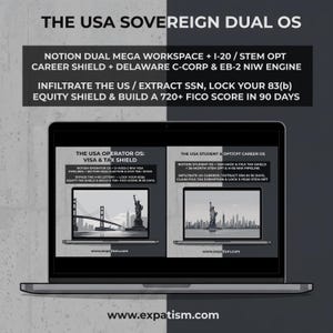 May include: A laptop screen displays a split-screen graphic titled THE USA SOVEREIGN DUAL OS. The left side shows THE USA OPERATOR OS: VISA & TAX SHIELD with a bridge and Statue of Liberty graphic. The right side shows THE USA STUDENT & OPT/CPT CAREER OS.