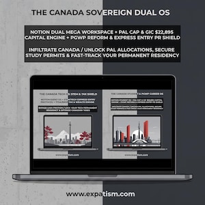 May include: A laptop displaying a split-screen interface titled The Canada Sovereign Dual OS. The left side shows The Canada Tech OS with a city skyline graphic, while the right side shows The Canada Student & PGWP Career OS with a red and grey city illustration.