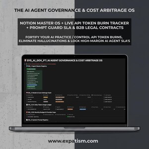 Puede incluir: Una pantalla de portátil que muestra el sistema operativo AI Agent Governance & Cost Arbitrage, con un panel de Notion que incluye registro de agentes, bóveda de costes de modelos, libro de uso de tokens y límites de presupuesto mensual.
