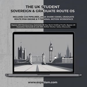 Könnte beinhalten: Ein Laptop mit einer Graustufen-Illustration der Londoner Skyline, einschließlich Big Ben und Tower Bridge. Der Text lautet: THE UK STUDENT SOVEREIGN & GRADUATE ROUTE OS, INCLUDES CAS PIPELINES, eVISA SHARE CODES, GRADUATE ROUTE PSW ENGINE & 7-TERMINAL NOTION WORKSPACE.