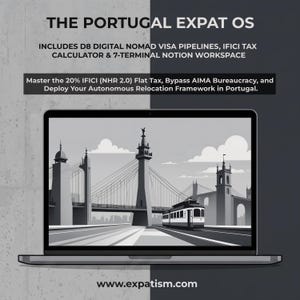 Op de afbeelding: Een laptop met een afbeelding van een brug en een tram in Portugal. De tekst luidt: THE PORTUGAL EXPAT OS, INCLUDES D8 DIGITAL NOMAD VISA PIPELINES, IFICI TAX CALCULATOR & 7-TERMINAL NOTION WORKSPACE, Master the 20% IFICI (NHR 2.0) Flat Tax.