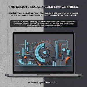 Op de afbeelding: Een laptop met een digitale afbeelding van een cirkelvormige mechanische structuur in blauw, oranje en grijs. De tekst luidt: THE REMOTE LEGAL & COMPLIANCE SHIELD, COMPLETE ALL-IN-ONE NOTION LEGAL WORKSPACE en The Ultimate Notion Operating System for AI Contractors.