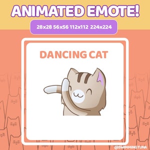 Puede incluir: Emoticono animado de un gato marrón con rayas, bailando con su pata derecha levantada. El gato tiene una oreja rosa y una expresión feliz. El texto "DANCING CAT" está encima del gato. El texto "28x28 56x56 112x112 224x224" está encima del texto "DANCING CAT". El texto "ANIMATED EMOTE!" está en la parte superior de la imagen.