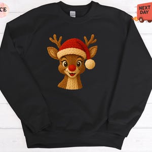 Red Nose Reindeer Sweatshirt, Christmas Hat Jumper, Knit Deer Crewneck, Xmas Party Shirt