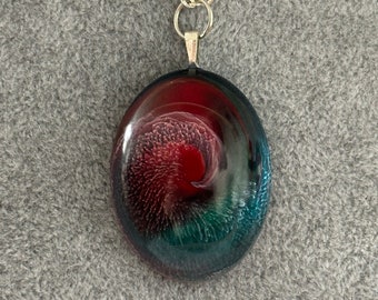 By Holoway - stunning & unique petri effect resin red and teal swirl palette cabechon pendant necklace