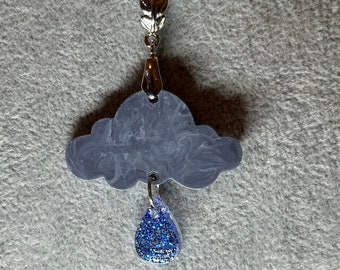 By Holoway - cute storm grey thunder cloud with blue glitter rain drop resin pendant / necklace - sterling silver chain