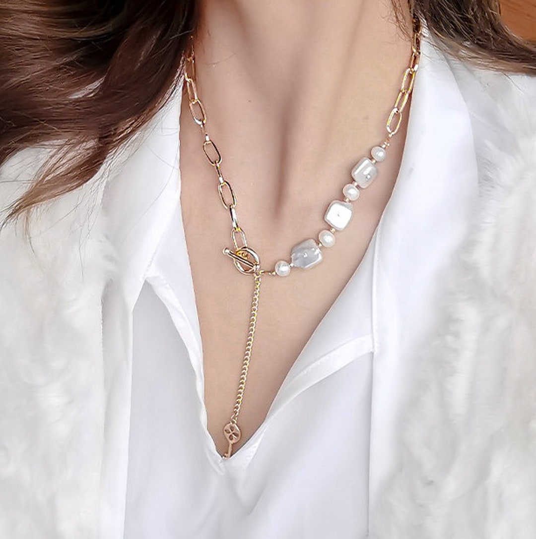 Baroque Pearl Long Link Key Necklace Gold Key Charm Necklace Etsy
