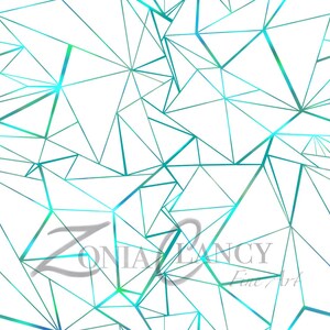 May include: Abstract geometric pattern with a white background and teal blue lines forming triangles and other shapes.
