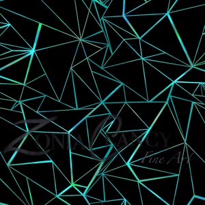May include: Abstract geometric pattern with a black background and a network of teal and green lines forming triangles.