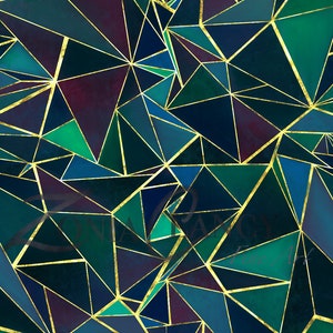 May include: Abstract geometric pattern with a teal, blue, and purple color scheme. The pattern is outlined in gold.