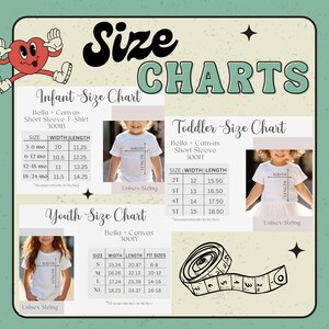 Op de afbeelding: Maattabellen voor Bella Canvas T-shirts met korte mouwen in baby-, peuter- en jeugdmaten. De tabellen tonen de breedte en lengte in inches.