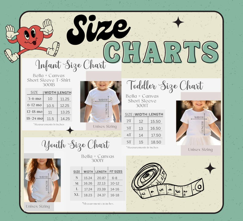 Op de afbeelding: Maattabellen voor Bella Canvas T-shirts met korte mouwen in baby-, peuter- en jeugdmaten. De tabellen tonen de breedte en lengte in inches.