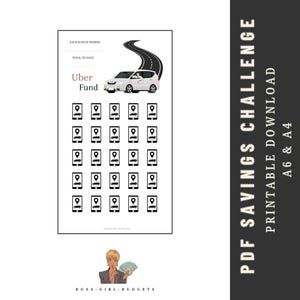 May include: A printable PDF savings challenge for an Uber fund. The design features a white car on a winding road, with icons representing savings goals. The text includes "Uber Fund" and "PDF Savings Challenge."
