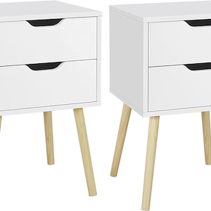 White Bedside 2pc Tables| Nightstand Cabinet Unit with 2 Drawers| 2 Modern Sofa Side End Table Lamp Table with Solid Pine Wood Legs