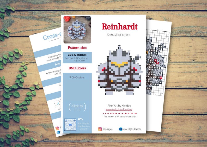 May include: A cross-stitch pattern sheet titled "Reinhardt" featuring a pixel art design of a character. The pattern size is 1.79 x 1.93 inches, with 25 x 27 stitches. Includes DMC color information.