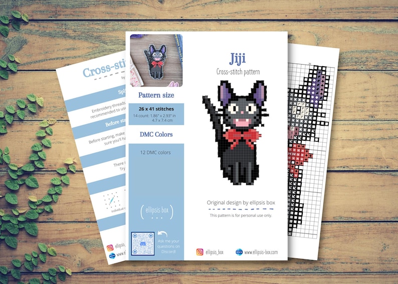 May include: Cross-stitch pattern featuring a black cat with a red bow tie, labeled "Jiji." The pattern size is 26 x 41 stitches, approximately 1.86 x 2.93 inches. Includes 12 DMC colors. The design is by elipsis box.